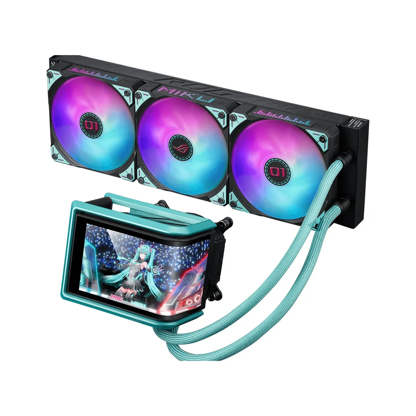 水冷CPUクーラー。ファンとディスプレイには初音ミクの画像が表示されている。
