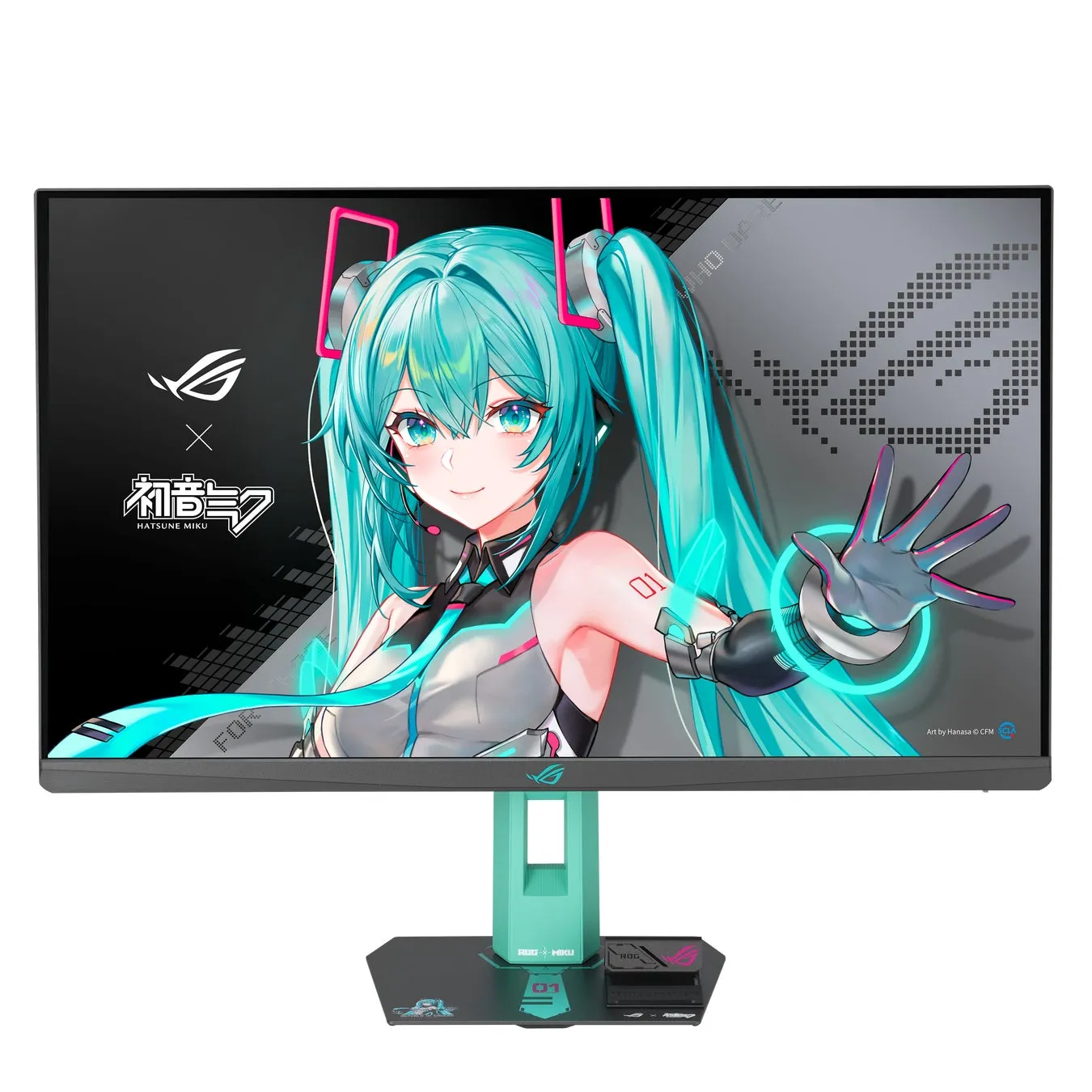 初音ミクのイラストが描かれたゲーミングモニター。モニターには、初音ミクのキャラクターとROGのロゴがデザインされている。