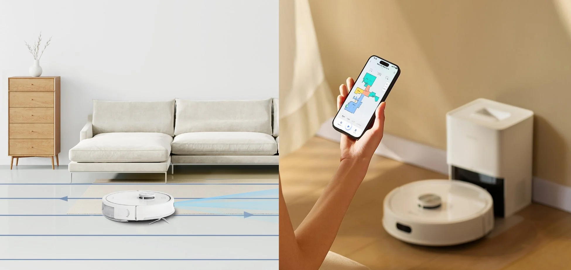 ロボット掃除機が部屋を清掃する様子と、スマートフォンアプリで清掃マップや設定を操作する手元が描かれています。スマートな自動清掃とアプリ連携による便利な操作性を示す画像です。