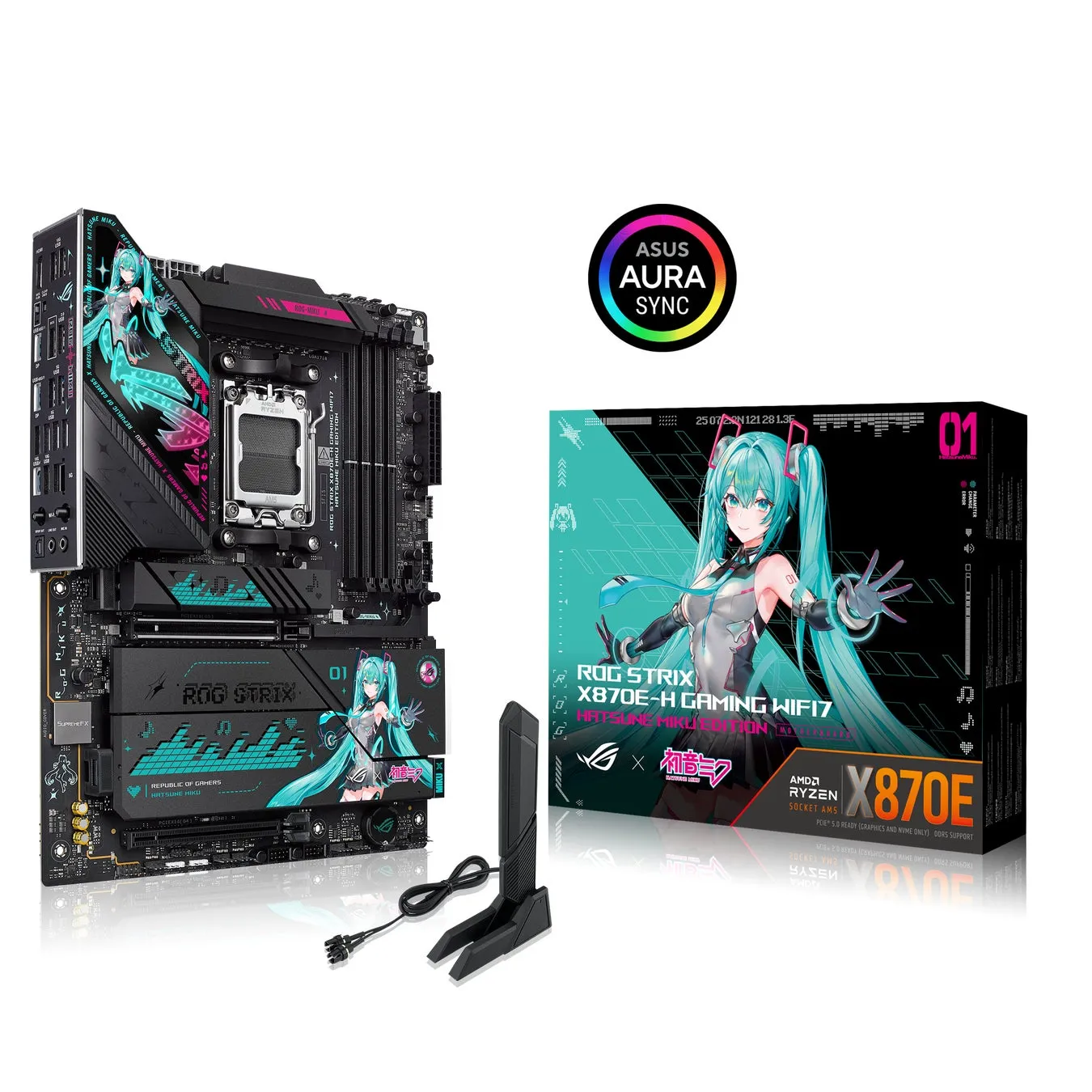 ASUS ROG STRIX X870E-H GAMING WIFI7 Hatsune Miku Editionのマザーボードと関連製品の写真です。マザーボードは、イラストが施されたデザインで、箱や付属品も含まれています。
