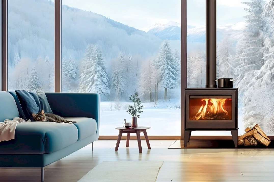 広々とした窓から雪に覆われた山や木々が広がる冬景色が見えるリビングルーム