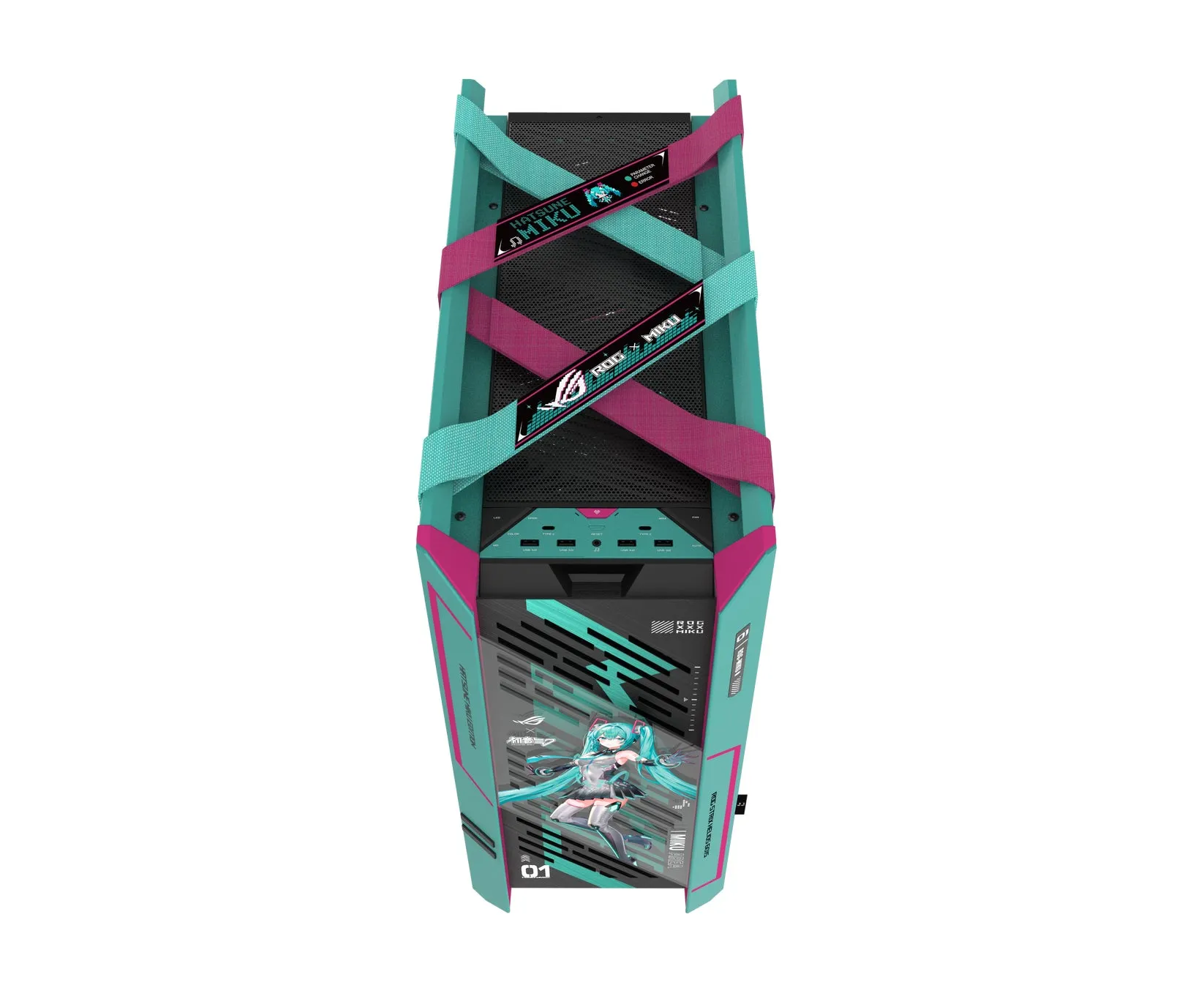 Hatsune MikuをテーマにしたゲーミングPCの前面図。鮮やかな水色とピンクのカラースキームで、イラストとブランドロゴが特徴です。
