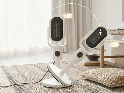 モダンなデザインの白いヒーターが部屋のカーペットの上に置かれており、首の角度が調整できる様子が示されています。シンプルで機能的な家電製品のイメージです。