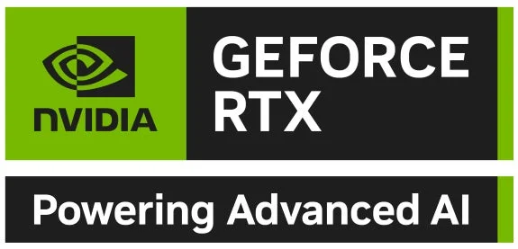 NVIDIAのロゴとGEFORCE RTXのブランド名が特徴的な画像です。「Powering Advanced AI」というメッセージが、NVIDIAのAI技術とグラフィックカードの力を示しています。