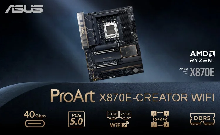 ASUS ProArt X870E-CREATOR WIFIマザーボードのプロモーション画像。AMD Ryzen AM5対応で、PCIe 5.0、DDR5、WiFi 7、高速有線LAN、40Gbps接続などクリエイター向け高性能機能が特徴です。