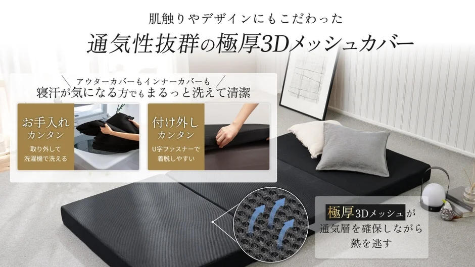 丸洗い可能な3Dメッシュカバー