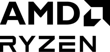 半導体メーカーAMDのロゴと、同社の主要なCPUブランドであるRyzenの文字が白地に黒で表示されています。これはAMD Ryzenプロセッサのブランドロゴです。