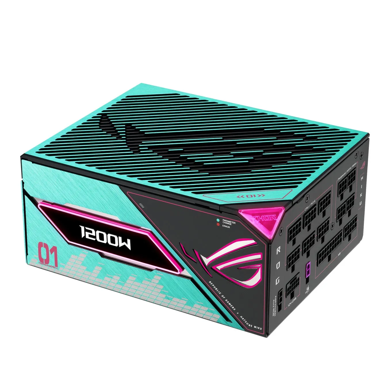 Hatsune MikuコラボのASUS ROG THOR電源ユニットです。1200W出力、青と黒を基調としたデザインに、Hatsune Mikuのロゴが施されています。
