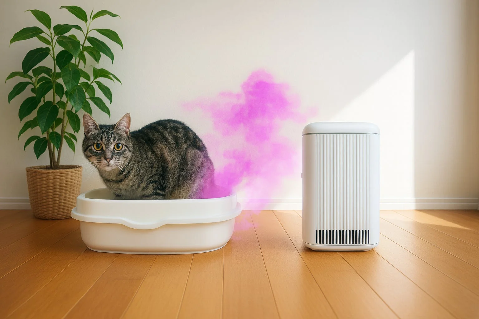 猫が猫砂のトイレを使用しており、その背後からピンク色の煙がユーモラスに立ち上っています。隣には空気清浄機が置かれ、ペットの臭い対策を暗示するような室内風景です。