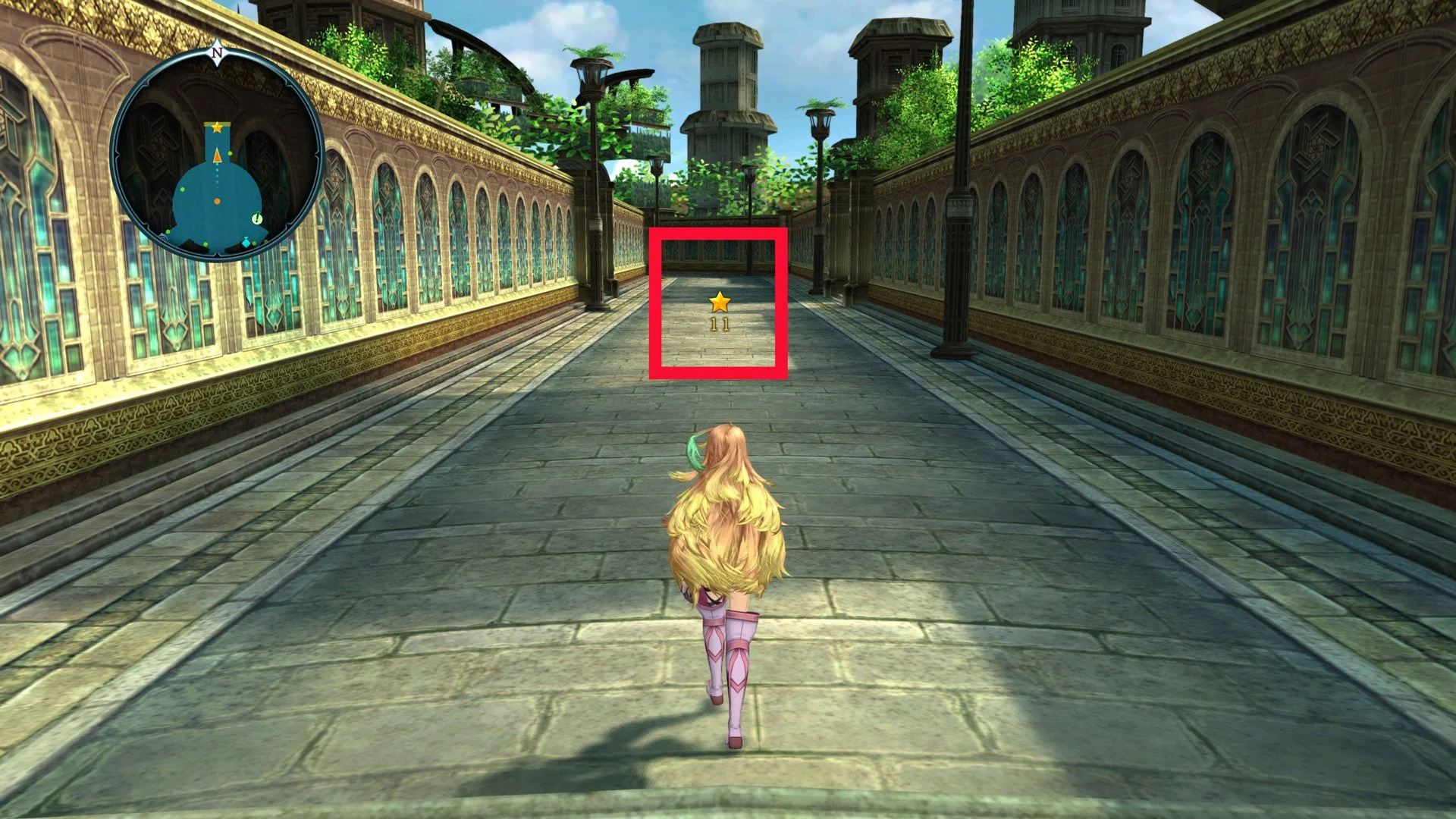 ファンタジーゲームの女性キャラクターが通路を進む