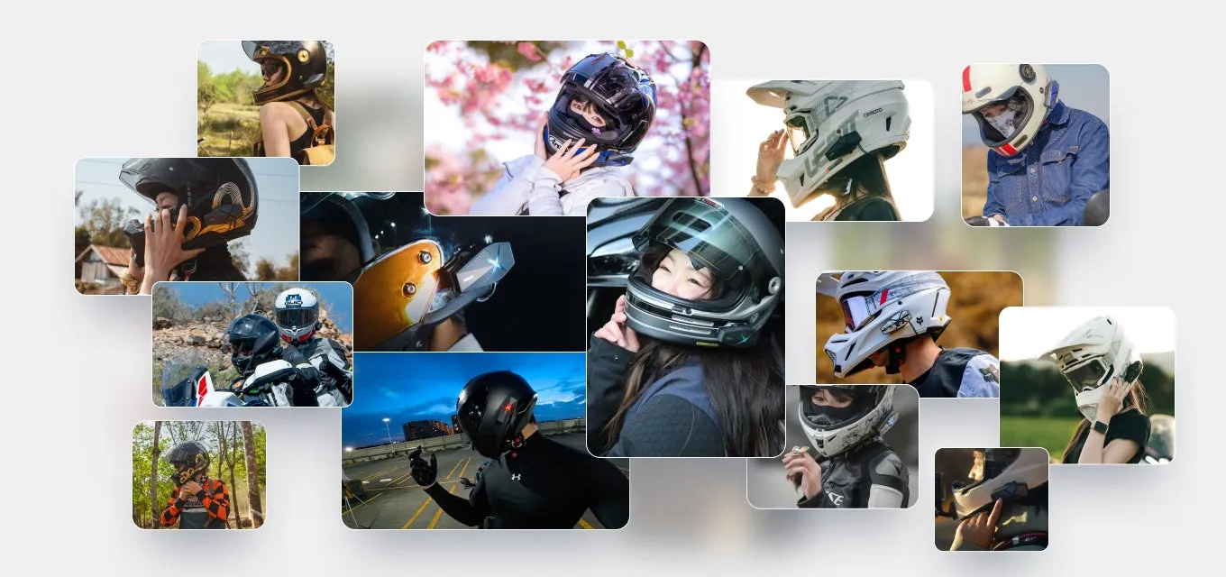 様々なバイクヘルメットを着用している人々のコラージュ画像