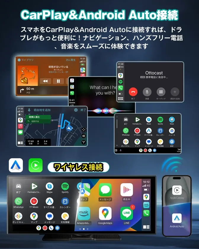 CarPlayとAndroid Autoのワイヤレス接続機能を紹介する画像。