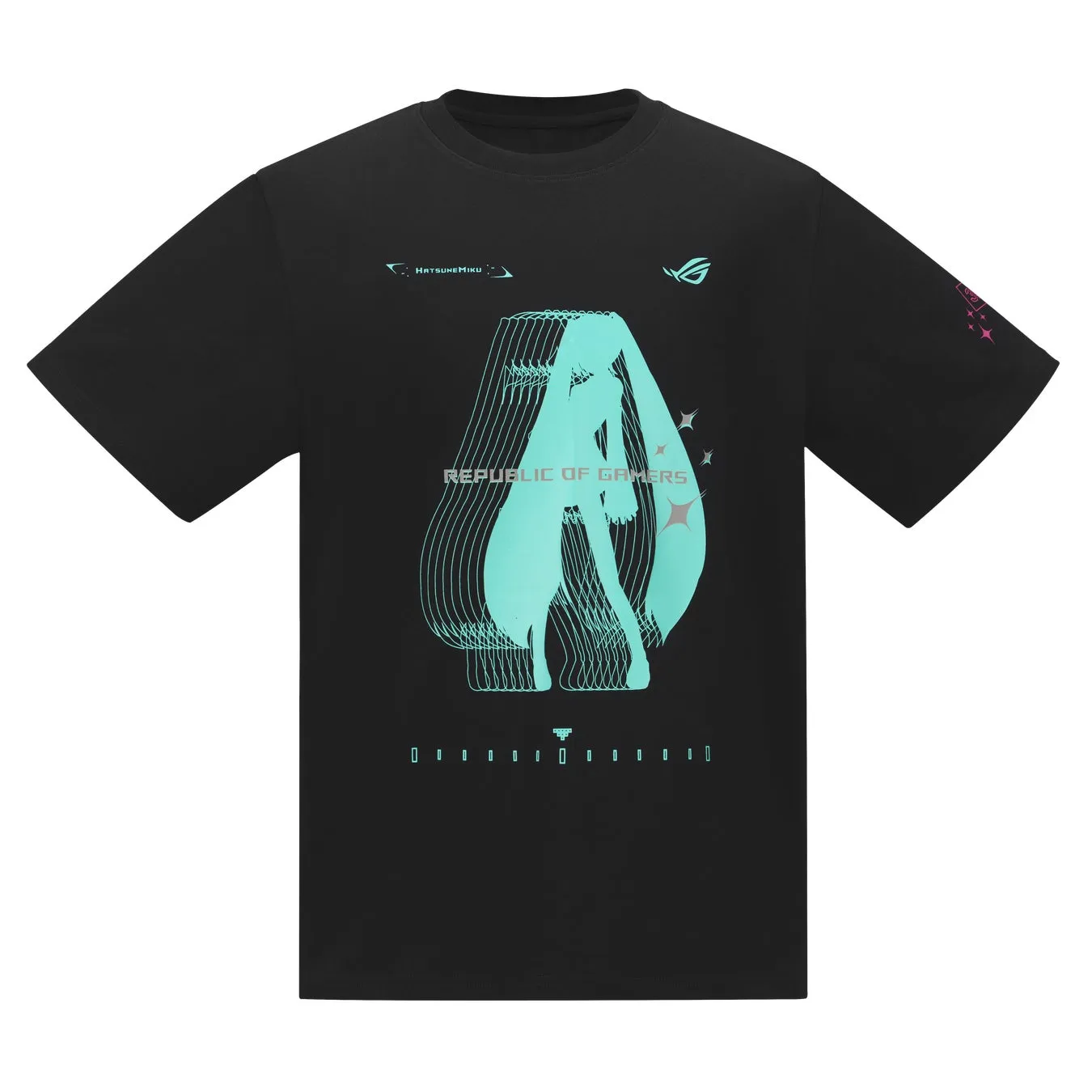 黒色のTシャツに、初音ミクのイラストと「REPUBLIC OF GAMERS」の文字がプリントされている。