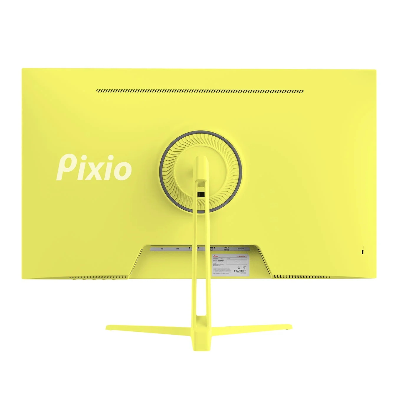 鮮やかな黄色のゲーミングモニターの背面画像です。中央にはスタンドが配置され、Pixioのロゴが大きく表示されています。HDMIやUSBなどの接続ポートも確認でき、機能性とデザイン性を兼ね備えた製品であることがうかがえます。