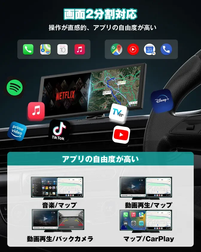 車載ディスプレイの機能を紹介する画像です。画面を2分割して複数のアプリを同時に表示でき、NetflixやSpotifyなどのストリーミングサービス、ナビ、バックカメラ映像など多様なアプリに対応しています。