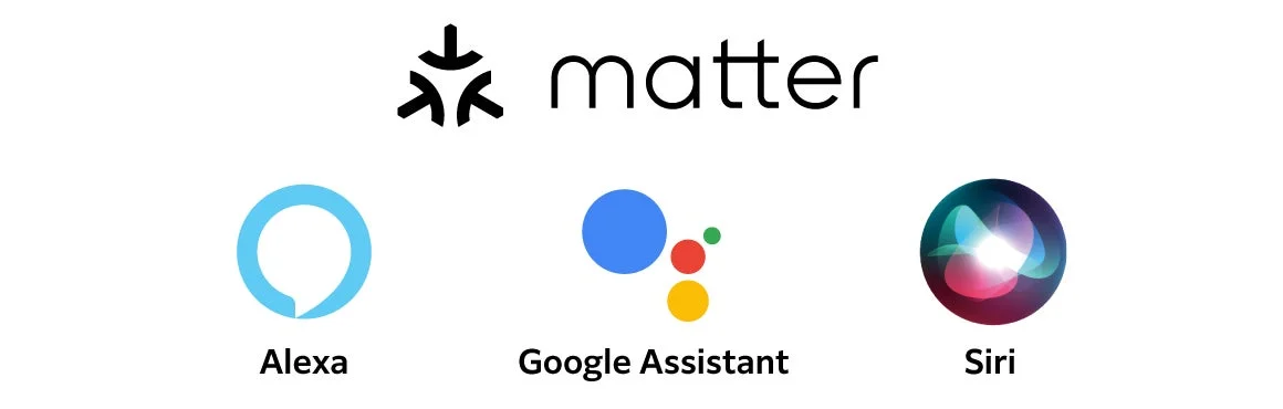 Matter、Alexa、Google Assistant、Siriのロゴ