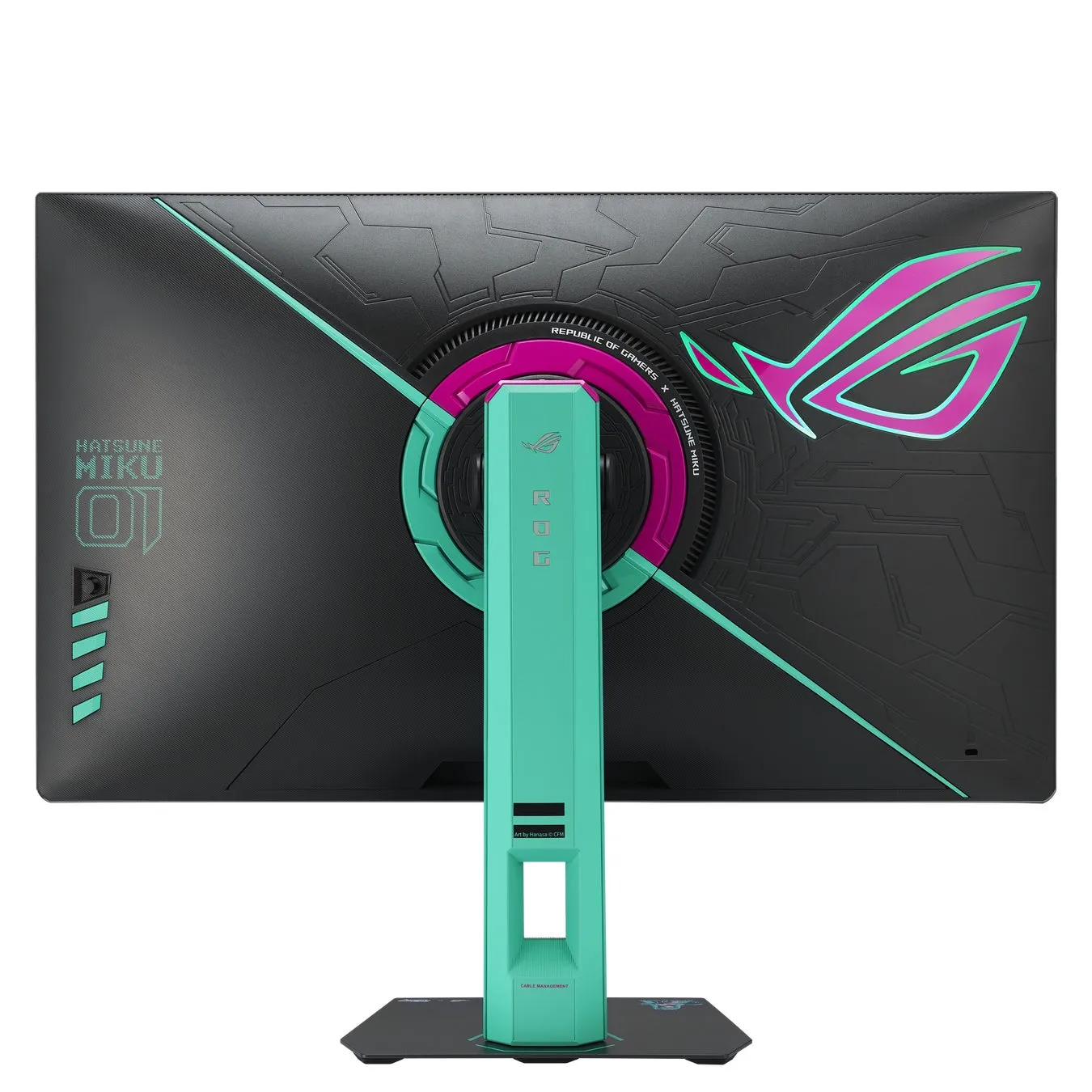 初音ミクとRepublic of Gamersのコラボレーションによるゲーミングモニターの背面。初音ミクのロゴとROGのロゴがデザインされ、ケーブル管理機能が備わっている。
