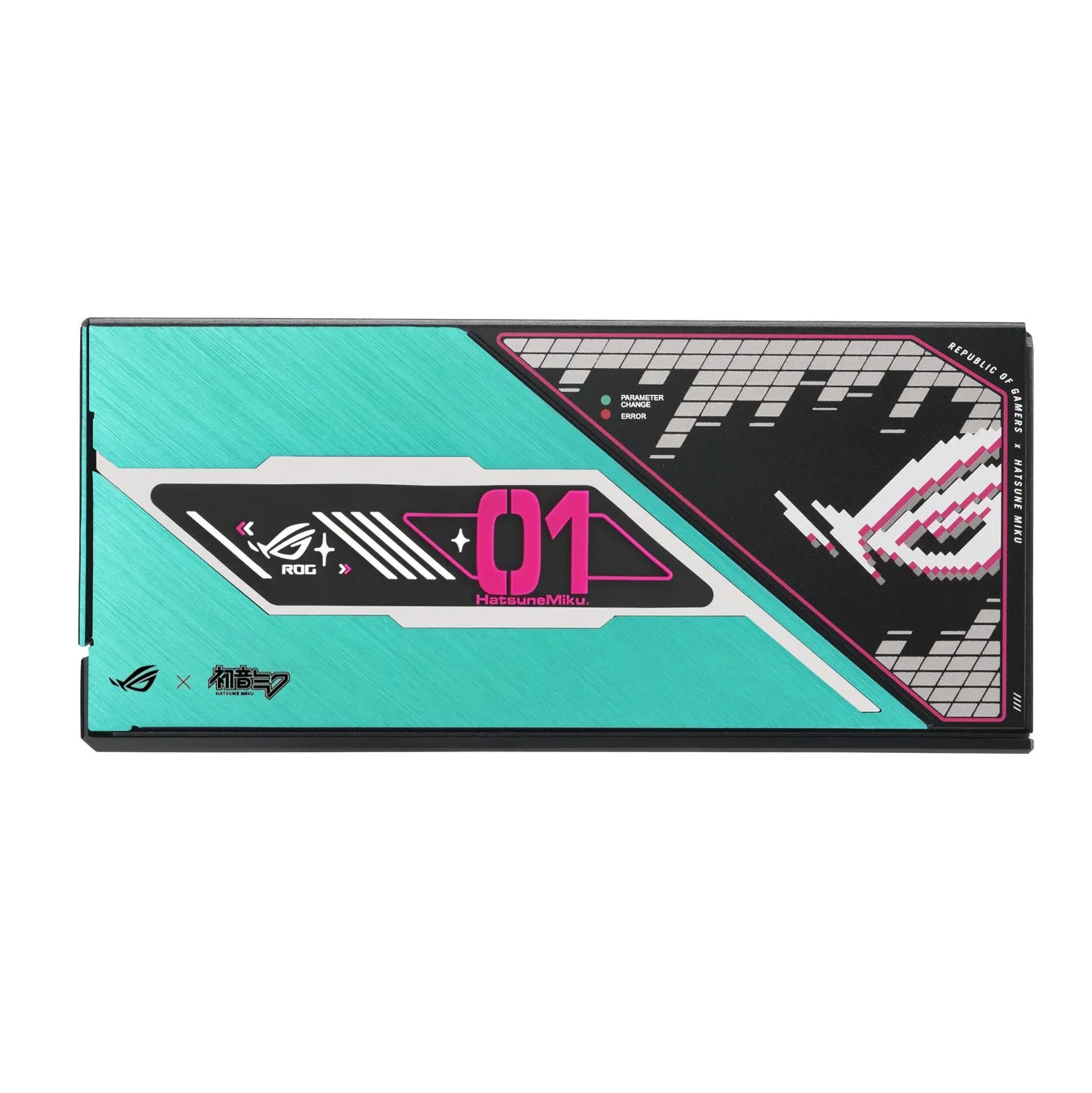 ROGと初音ミクのコラボレーションデザインのデバイスの画像です。デザインは、水色と黒を基調とし、数字の"01"とHatsuneMikuのロゴが配置されています。また、ROGのロゴも確認できます。