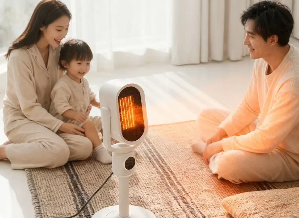 リビングで家族がヒーターを囲んで暖かく過ごしている様子。母親と子供が隣に座り、父親が向かいに座って笑顔で会話を楽しんでいる。穏やかな団らんのひととき。