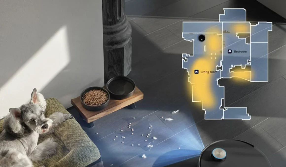 ロボット掃除機と犬のいる部屋の間取り図