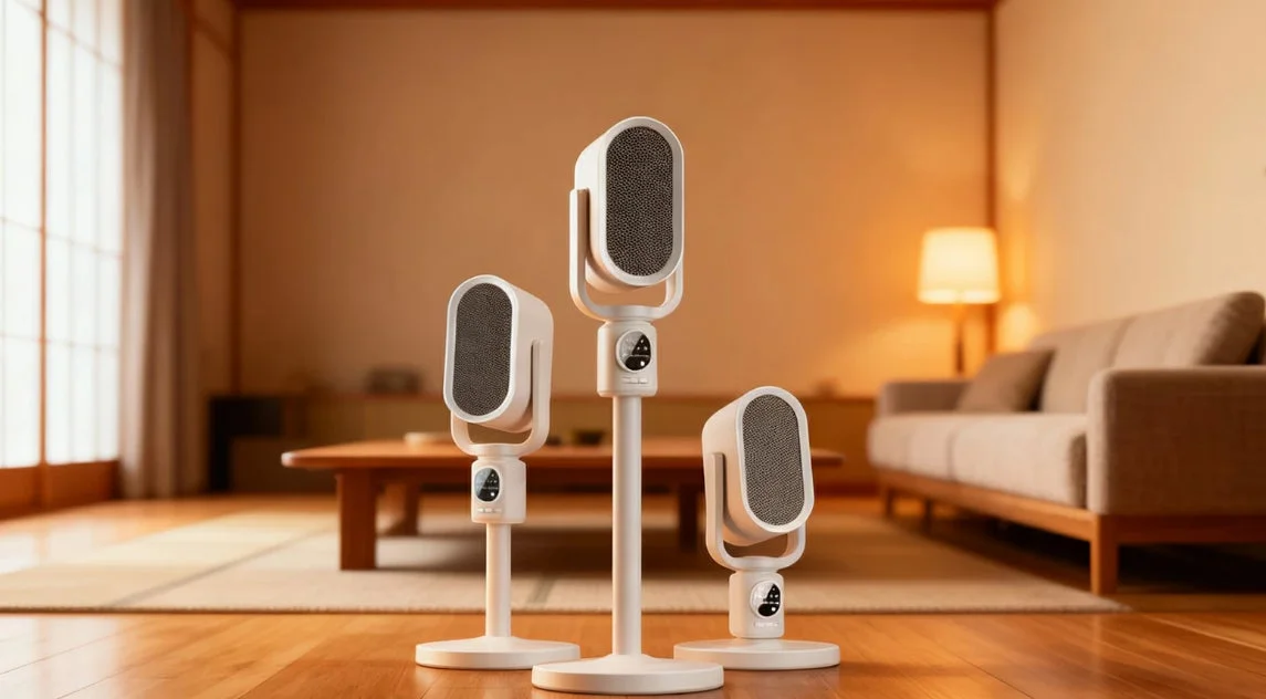 和モダンなリビングルームに、高さの異なる3つの白いスタイリッシュな猫用爪とぎが置かれている。暖色系の照明が心地よい空間を演出している。