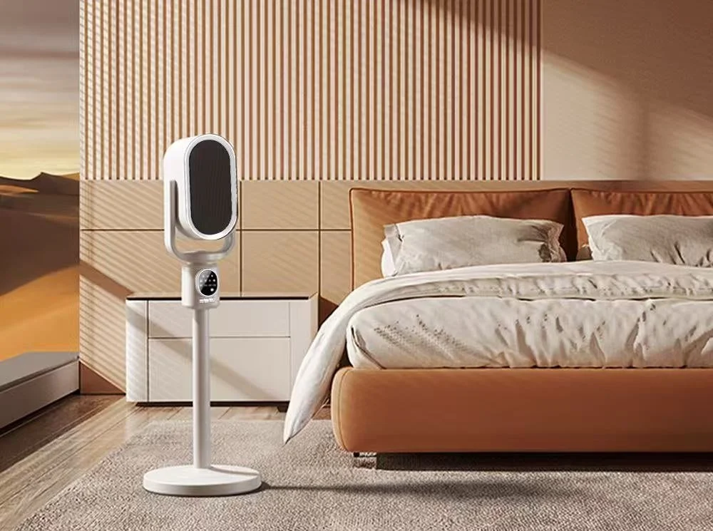 モダンな寝室に、ベージュのベッドと白いスタイリッシュな床置き型家電（扇風機またはヒーター）が配置されています。温かみのある色調で統一された落ち着いた空間です。