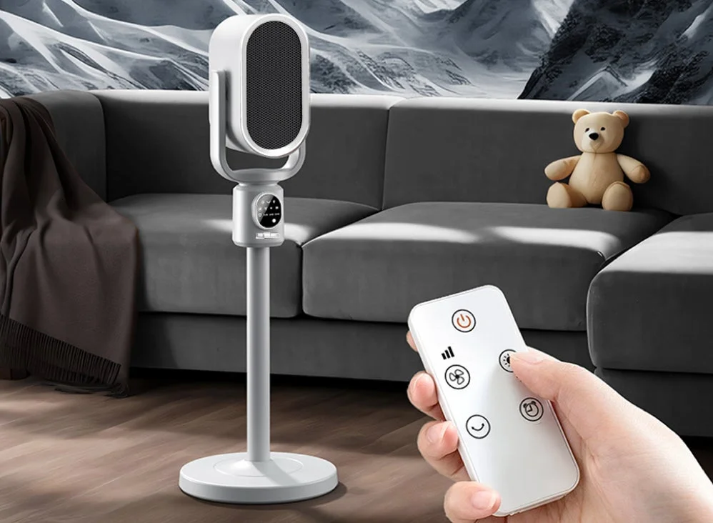 リビングルームに置かれた白いモダンなデザインのファンヒーターと、それを操作するリモコンを持つ手が写っています。背景にはソファとクマのぬいぐるみが配置され、冬の山並みの壁紙が印象的な、暖かく快適な空間が表現されています。