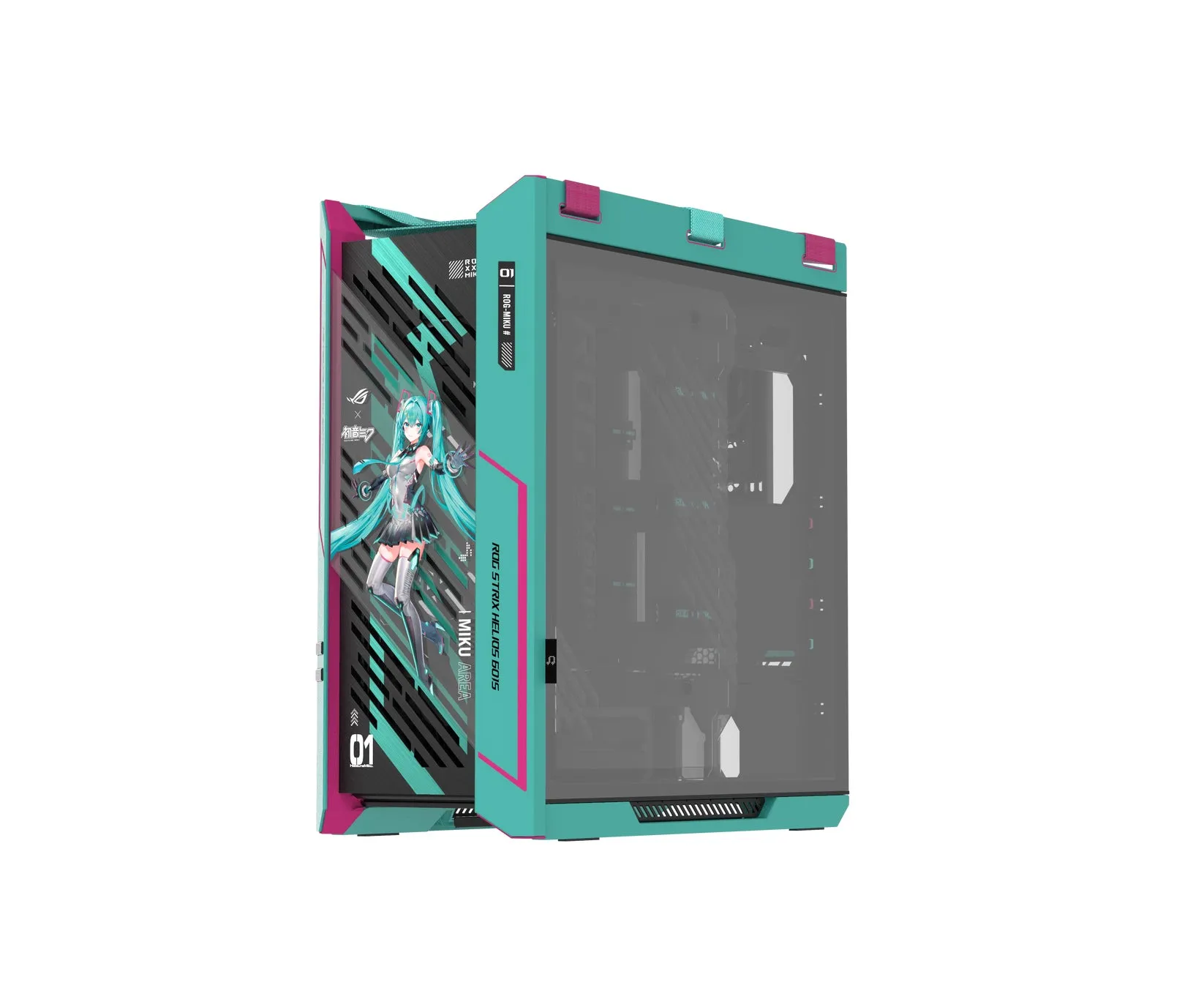 初音ミクをテーマにしたゲーミングPCケース。ミクのイラストとブランドロゴが特徴的。