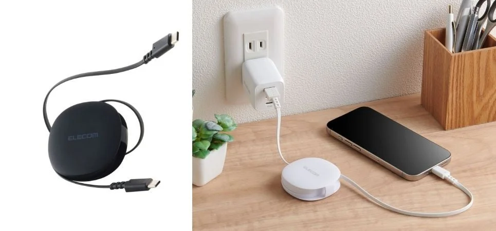 巻き取り式ケーブルとスマホ