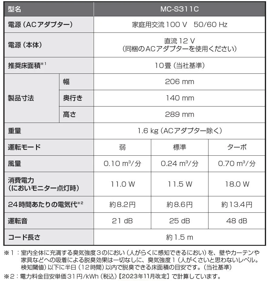 MC-S311Cの製品仕様表