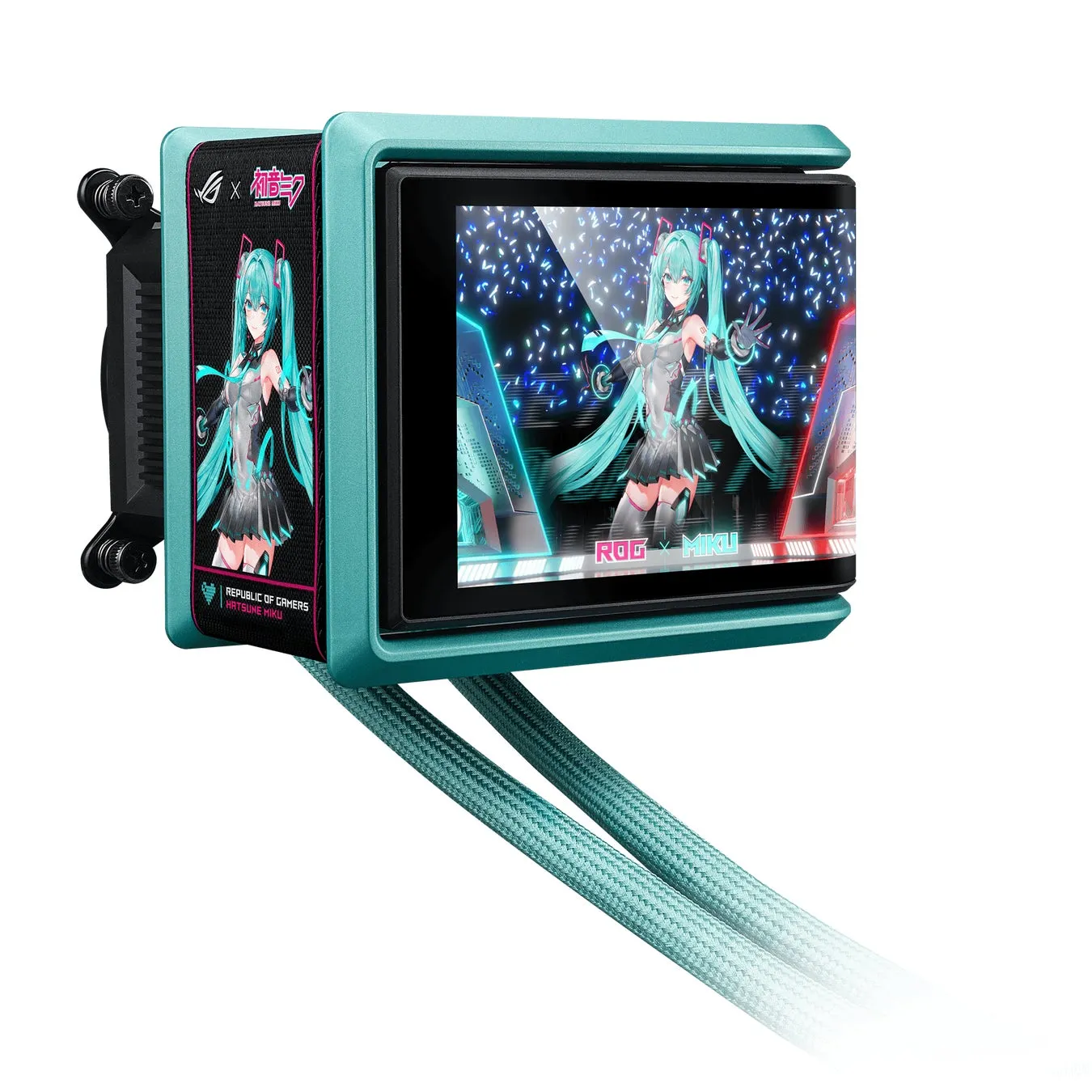 初音ミクのイラストが描かれたPCパーツ。水色の冷却チューブとモニター部分に初音ミクの画像が表示されている。