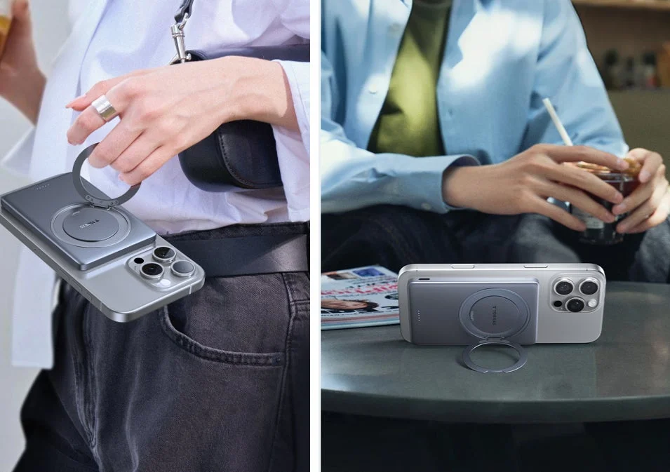 iPhoneの背面にMagSafe対応の磁気アクセサリーを装着している様子