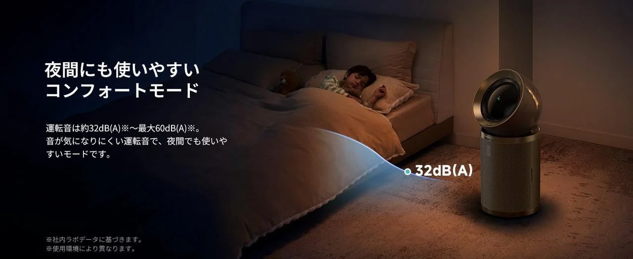 夜間でも使いやすいコンフォートモードを搭載した空気清浄機が、子供が眠る寝室に設置されている様子