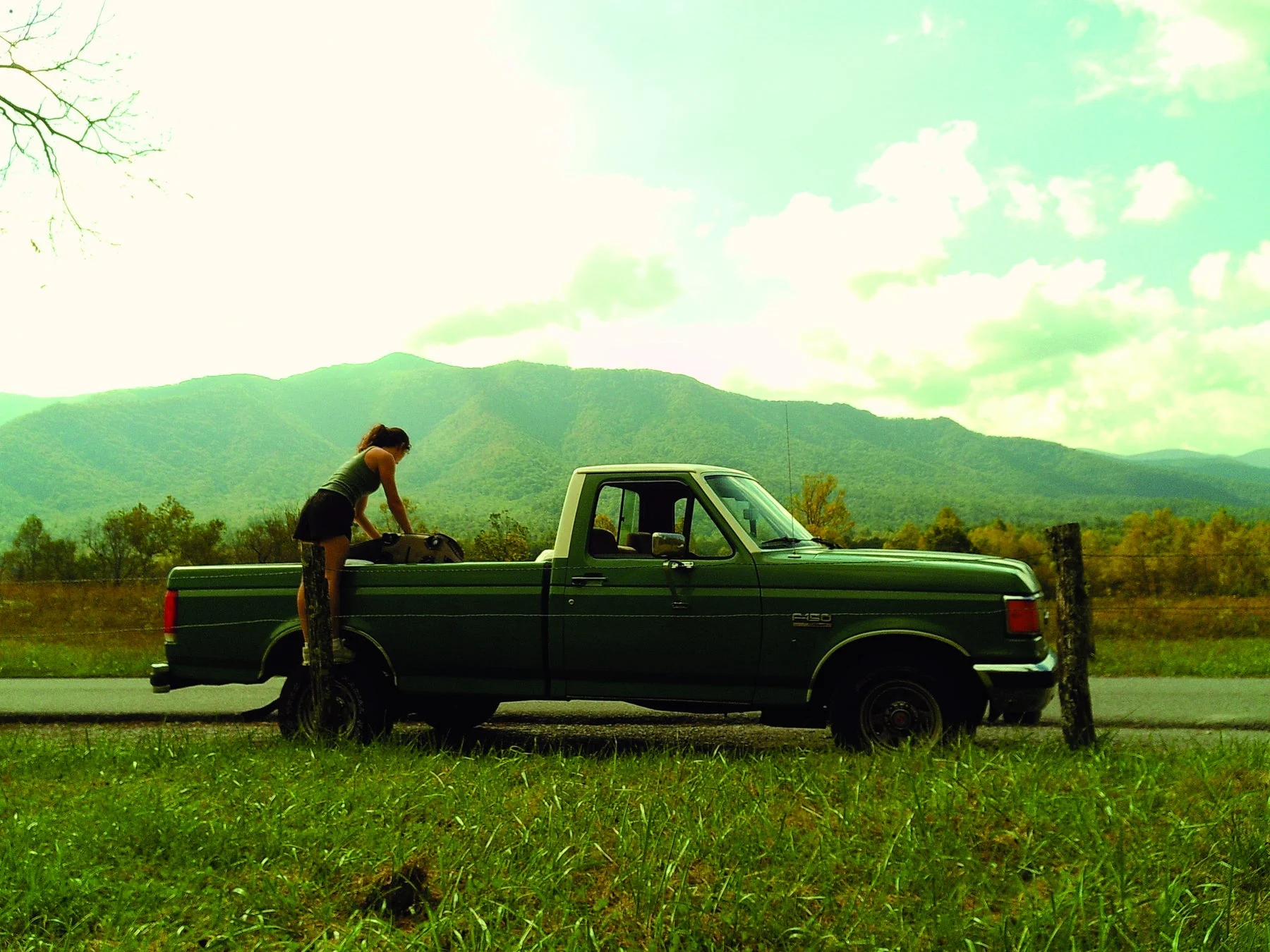 緑のピックアップトラックと女性