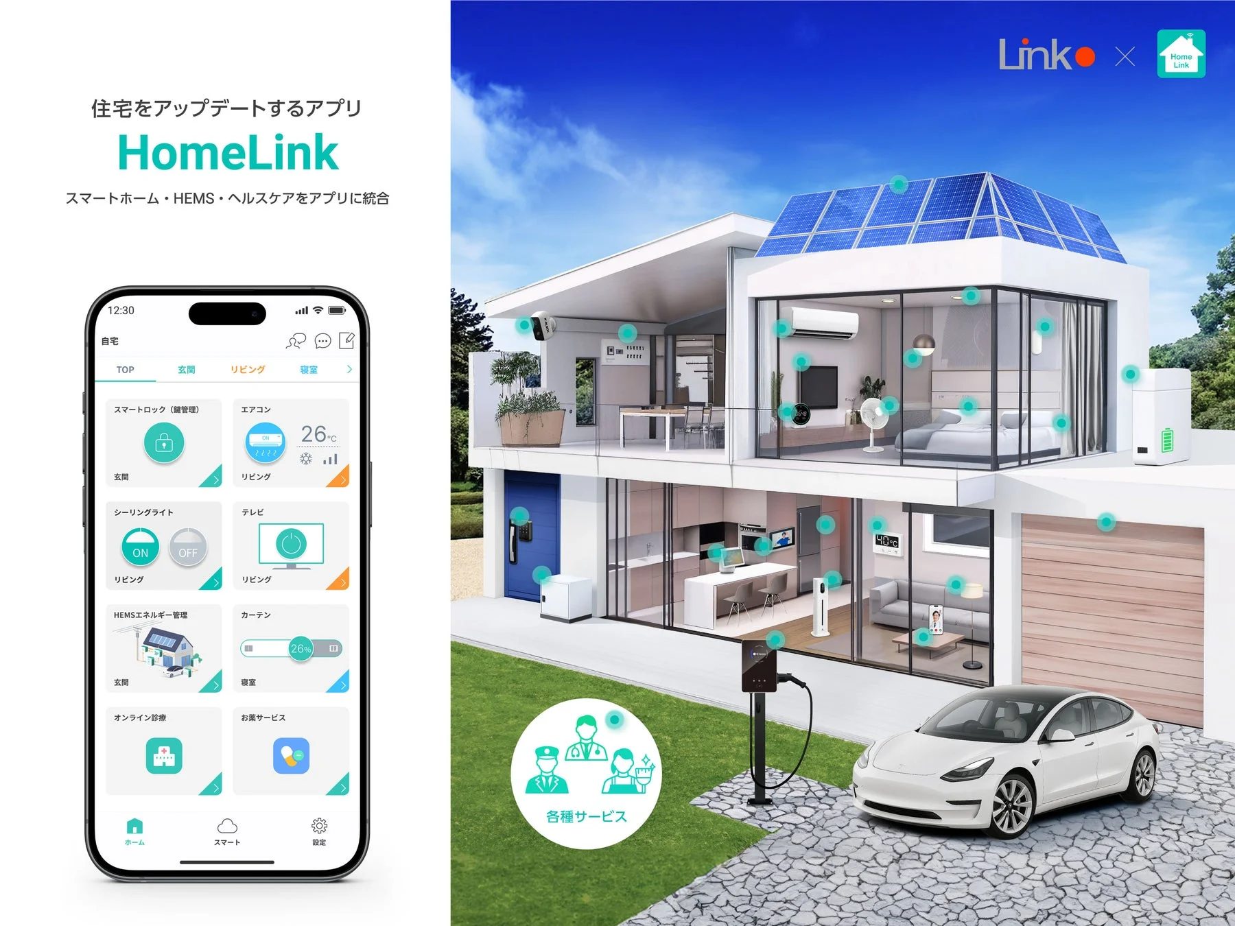 HomeLinkアプリは、スマートホーム、HEMS、ヘルスケア機能を統合し、住宅の設備やサービスを一元管理できるシステム