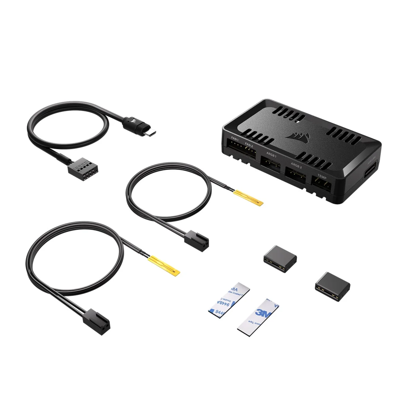 Corsair製のPC用ファン・RGBコントローラーキット。ファンやRGB機器を制御するハブ、温度センサー、接続ケーブル、固定用両面テープが含まれています。