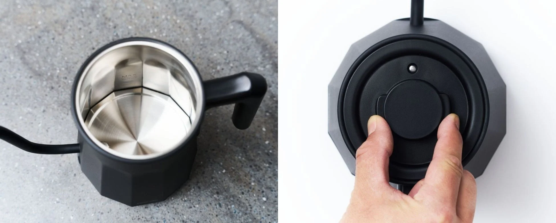 黒い電気ケトルの内側と、その操作部を指で押している様子が写っています。