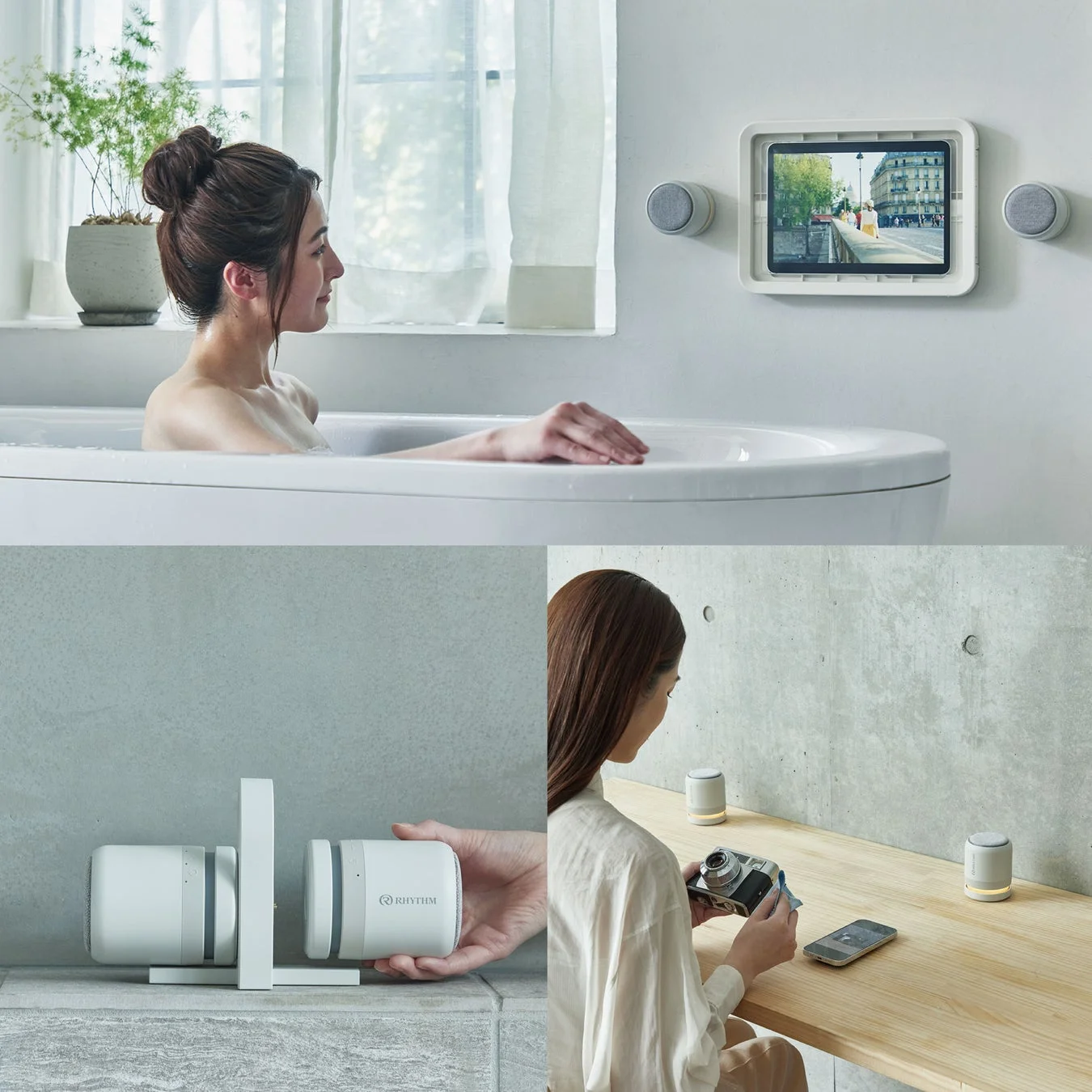 バスルームでスピーカーを楽しむ女性