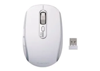 白いワイヤレスマウスとそのUSBレシーバーが白い背景に置かれた画像です。マウスはシンプルでモダンなデザインで、スクロールホイールとDPI切り替えボタンが見えます。