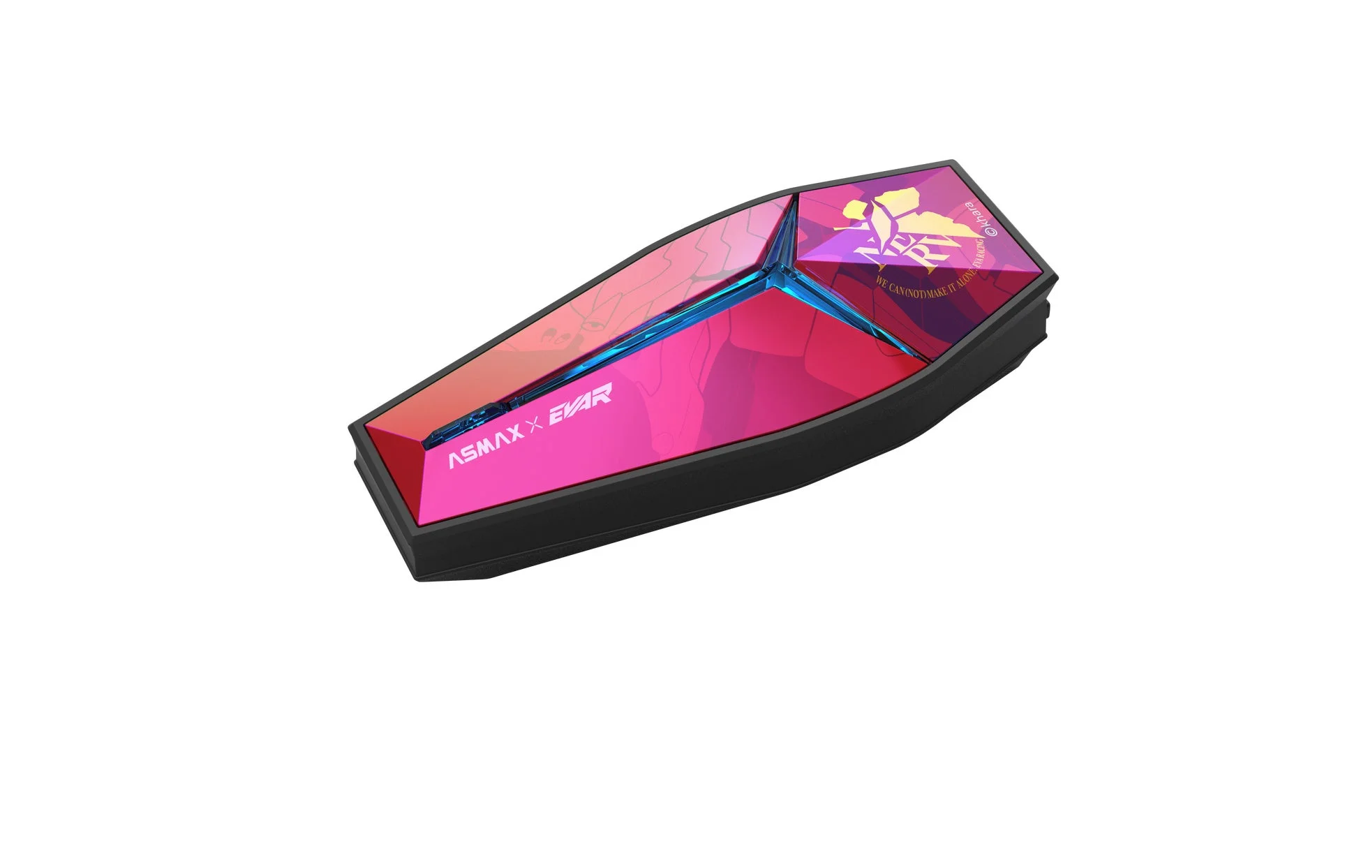 エヴァンゲリオンとのコラボレーションを示す「NERV」ロゴと「ASMAX X EVAR」の文字が特徴的な、棺桶のような形状をしたピンクと赤を基調とした未来的なデザインのガジェットです。青いラインがアクセントになっています。