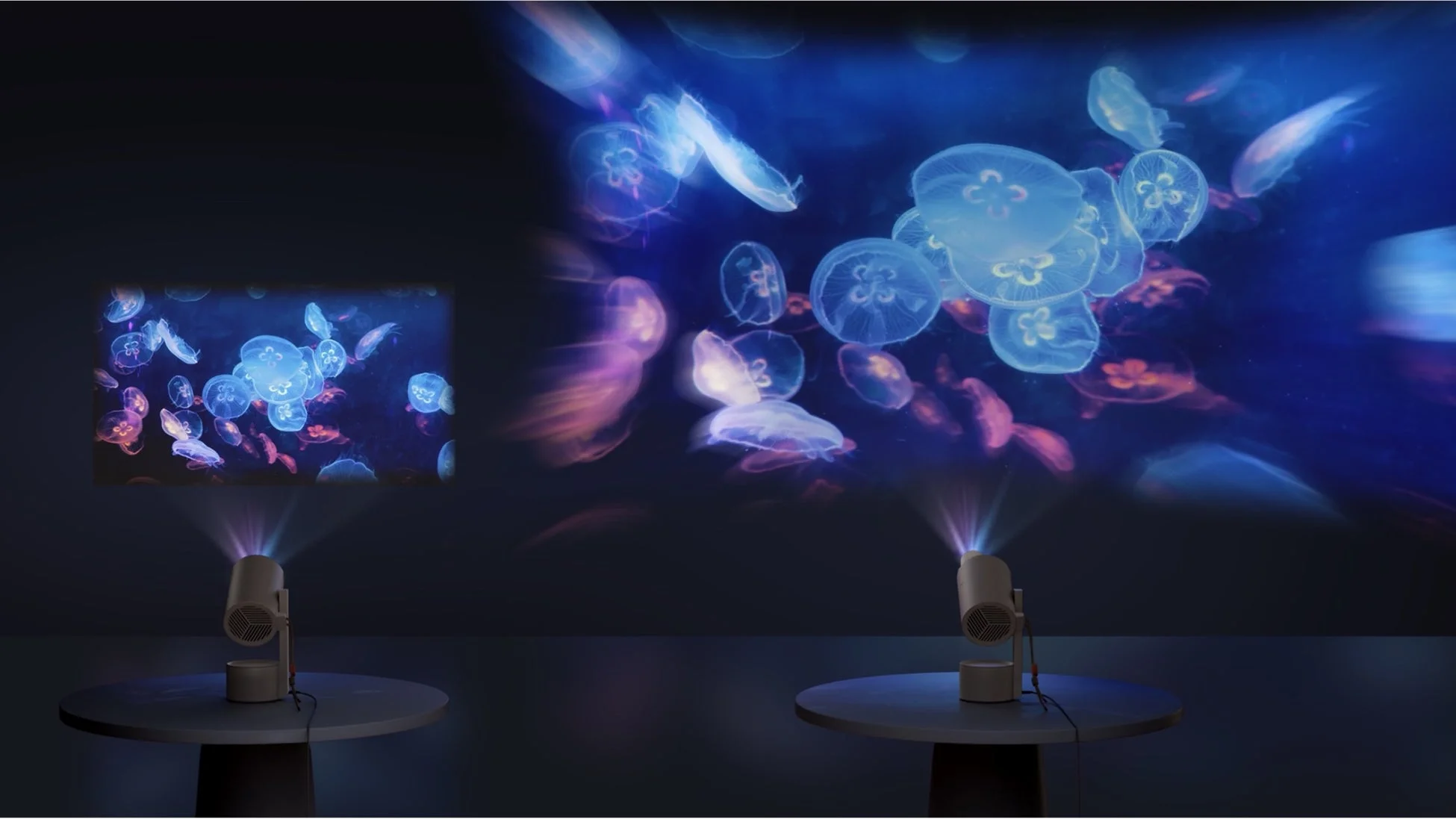 二台のプロジェクターが壁に青やピンクに光るクラゲの幻想的な画像を投影している様子。室内で水族館のような空間を演出しています。