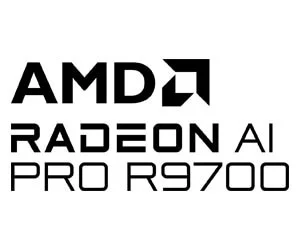AMDのロゴと「RADEON AI PRO R9700」という製品名が黒字で書かれた画像です。
