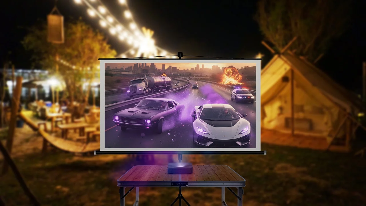 夜のアウトドア空間でプロジェクターとスクリーンが設置され、迫力あるカーチェイスシーンが映し出されている
