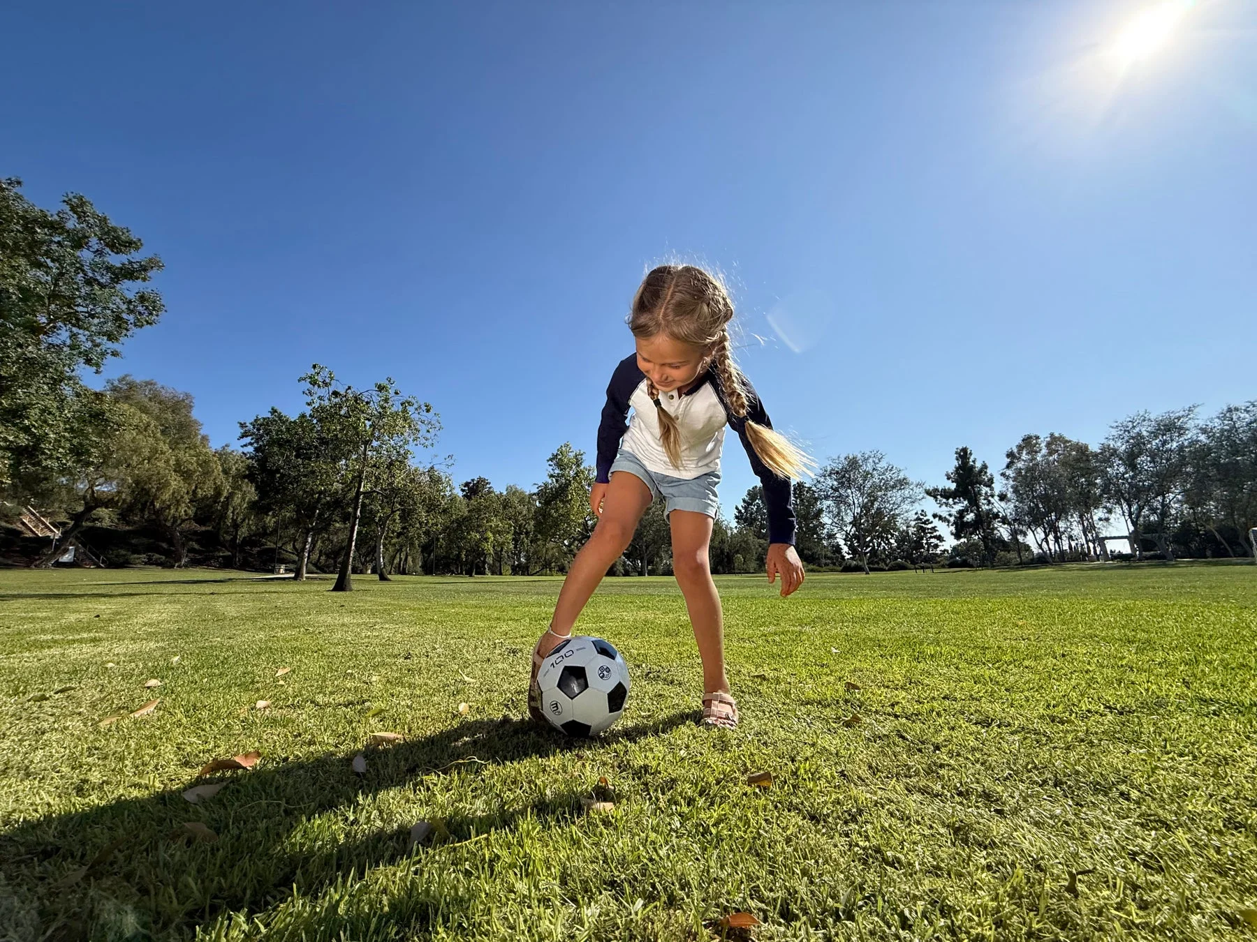 晴れた日の公園の芝生で、長い三つ編みの少女がサッカーボールを足元に置いて遊んでいます