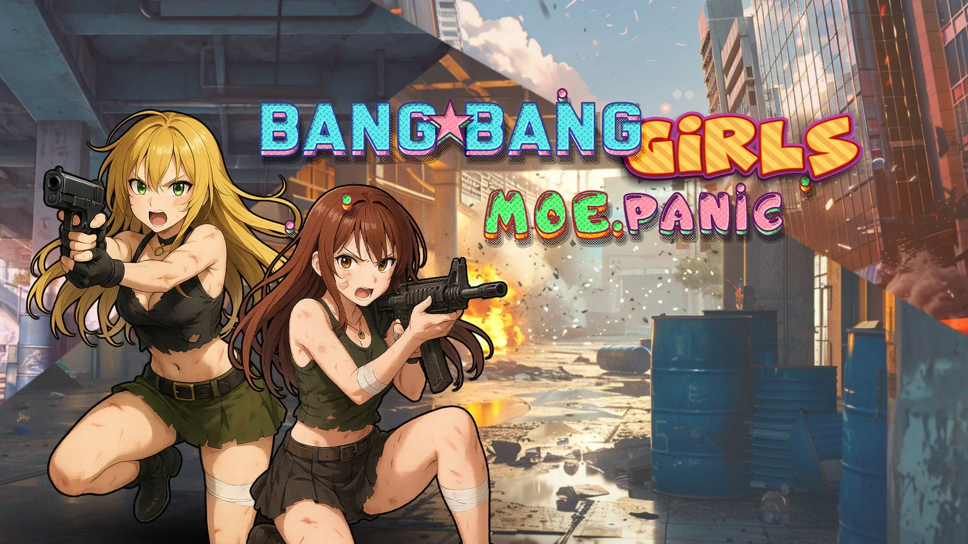 荒廃した都市で銃を構える2人のアニメ美少女