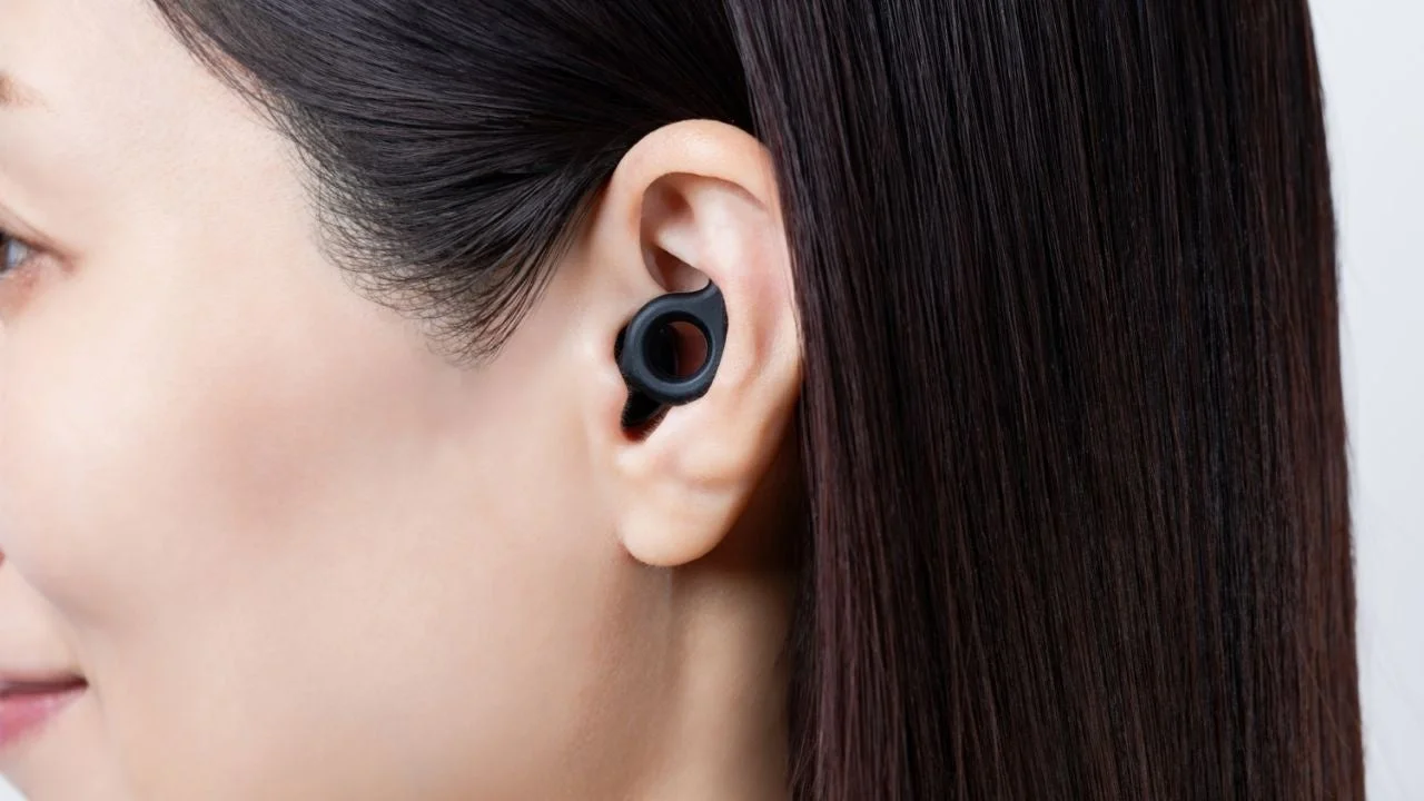 女性の耳に装着されたイヤホン