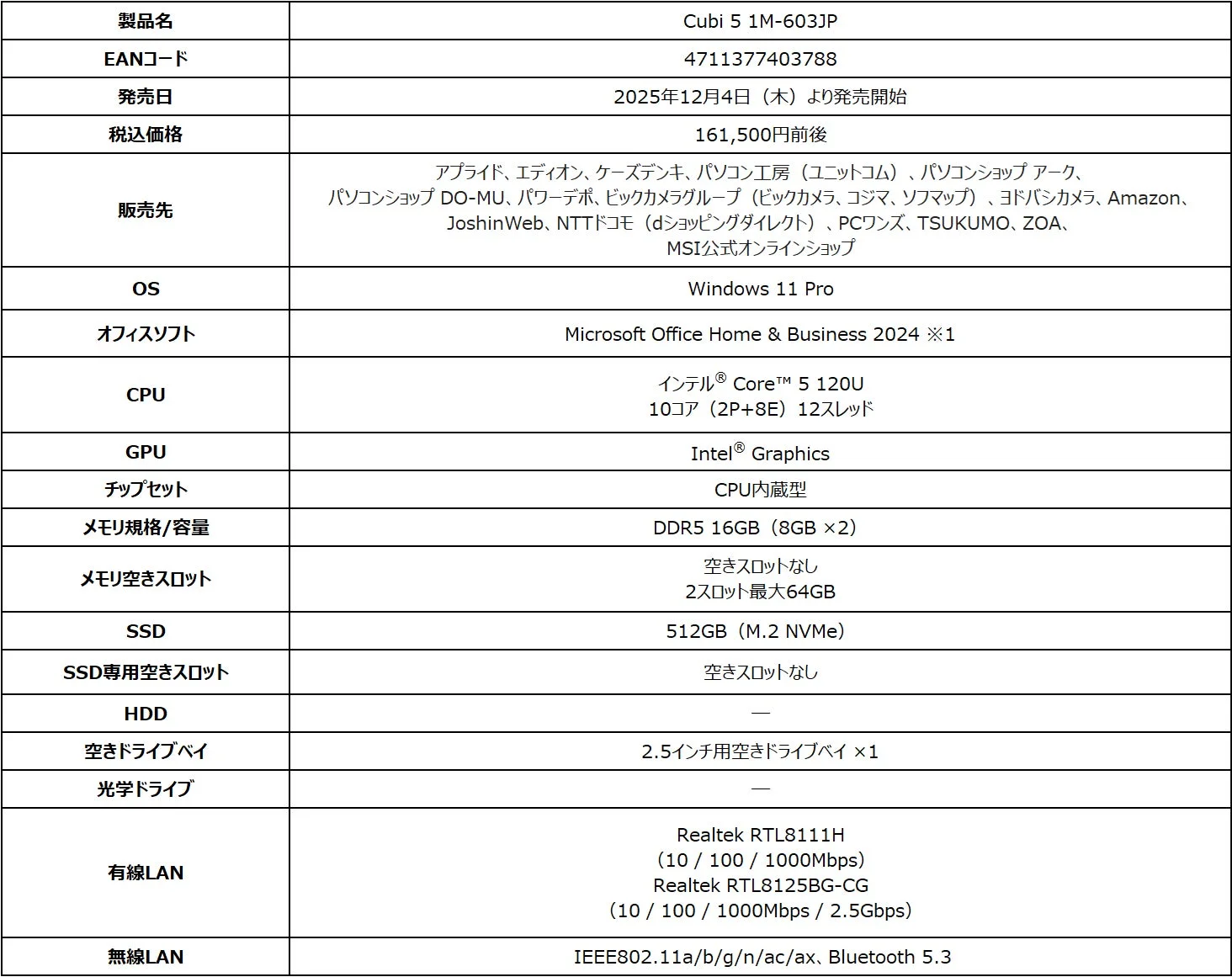 Cubi 5 1M-603JP スペック