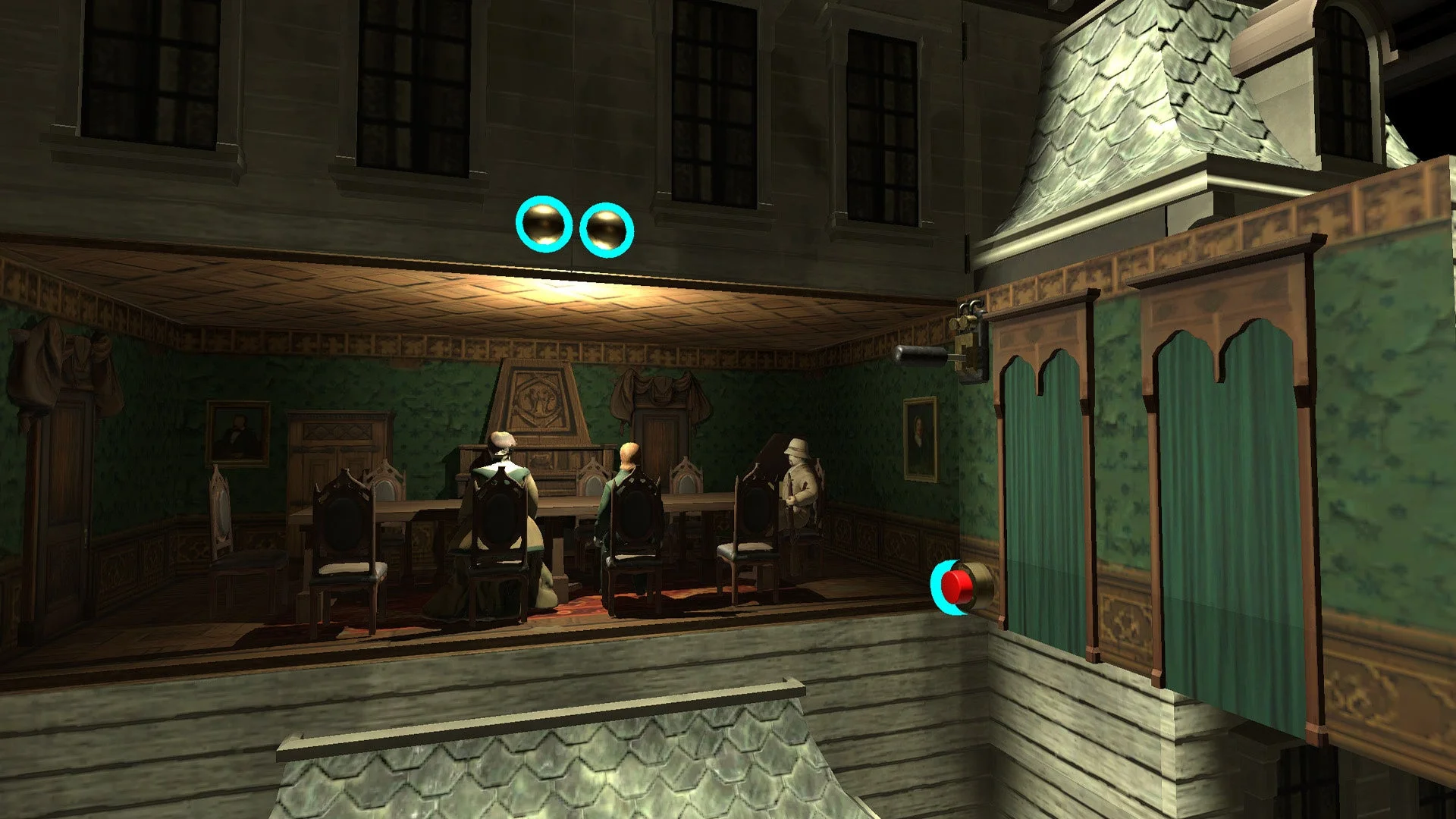 古い洋館の会議室のような室内でテーブルを囲む3人の人物