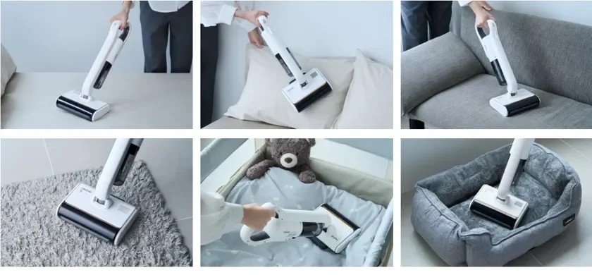 多機能なハンディクリーナーがベッド、ソファ、ラグ、ベビー用品、ペット用品など、様々な家庭内の場所やアイテムの掃除に使われている様子