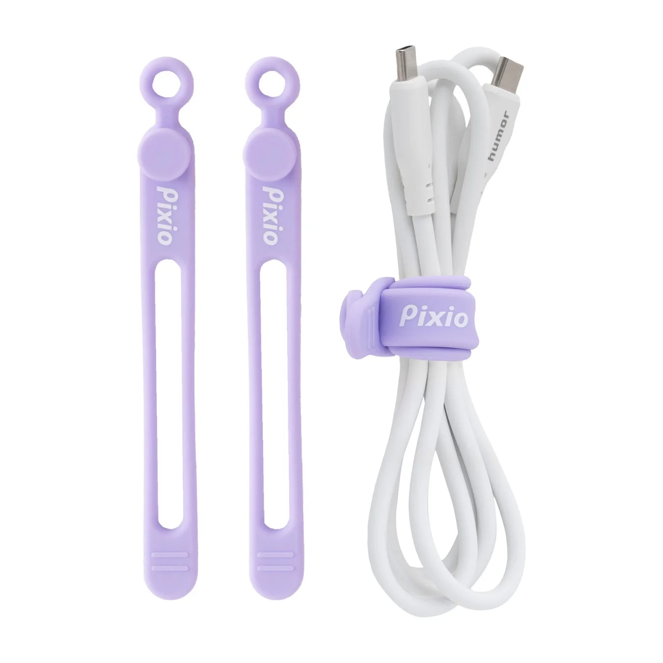 淡い紫色のシリコン製ケーブルタイ「Pixio」が3つ写っています。2つは単体で、もう1つは白いUSBケーブルをまとめています